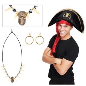 Verkleed set Piraat - gouden oorbellen - skulls piraten ketting - hoed zwart - Volwassenen