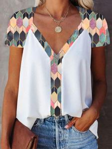 Casual Printed V Neck Short Sleeve Top