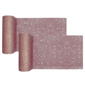 Kerst thema tafelloper op rol - 2x - rose goud glitter - smal 18 x 500 cm - polyester