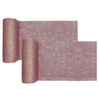 Kerst thema tafelloper op rol - 2x - rose goud glitter - smal 18 x 500 cm - polyester - thumbnail