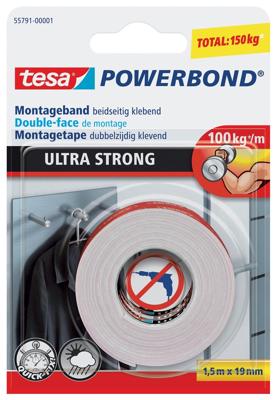 Tesa Powerbond montagetape Ultra Strong, dubbelzijdig ft 19 mm x 1,5 m, wit, op blister