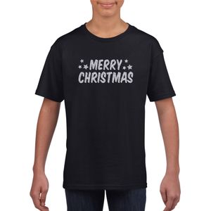 Merry Christmas Kerst t-shirt zwart voor kinderen met zilveren glitter bedrukking XL (164-176)  -