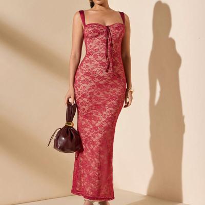 Black Lace Floral Mermaid Maxi Dress - Elegant Slim Fit Cami Burgundy / S