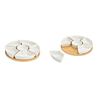 Snackschaaltjes van keramiek met bamboeplaat (draaibaar), 7-delige set, wit/naturel (B/H/D) 9x3x9cm/29x2x29cm