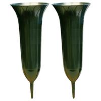 Grafvaas groen - 2x - 31 cm - kunststof - met prikker - begraafplaats/grafdecoratie