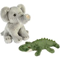 Safari dieren serie pluche knuffels 2x stuks - Olifant en Krokodil van 15 cm - thumbnail