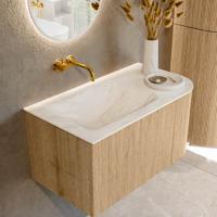 Mondiaz KURVE-DLUX 85 cm Onderkast Greeploos 1 Lade Met Deuren Oak, Wastafel Solid Surface Links Ostra 0 Kraangaten Zonder Spiegel (KRVCLO85R1L1D0KL-Oak/Ost)