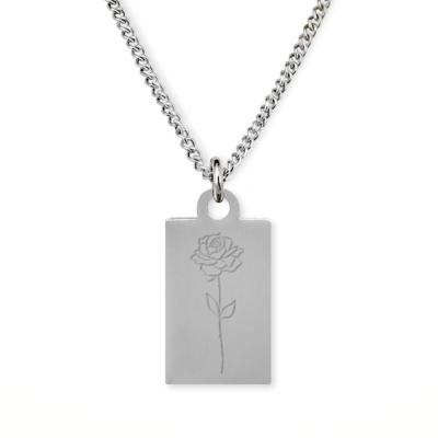 Gegraveerde geboortebloem ketting OUD DESIGN - Stainless steel - Zilver - Rechthoek - Juni - roos