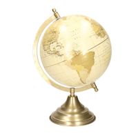 Decoratie wereldbol/globe goud/ecru op metalen voet 22 x 34 cm - thumbnail