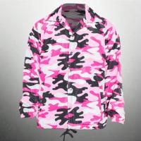 Mens Camo Lilac Fleece Lined Wind-Proof Snap Button Coach Jacket Camo Fuschia / M