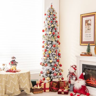 180 cm Potlood-Kerstboom met Sneeuw Kunstkerstboom met Verlichting 150 Leds in Warmwit Smalle Kerstboom Kunstboom van PVC Wit