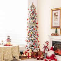 180 cm Potlood-Kerstboom met Sneeuw Kunstkerstboom met Verlichting 150 Leds in Warmwit Smalle Kerstboom Kunstboom van PVC Wit