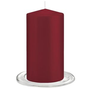 Trend Candles - Stompkaarsen met glazen onderzetters set van 2x stuks - bordeaux rood 8 x 15 cm