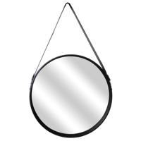 Home Deco Factory spiegel - rond - zwart - hout - met leren handvat - D50 cm