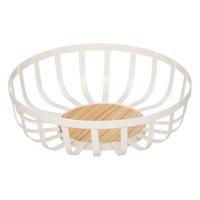 5Five Fruitschaal / Fruitmand Zaragossa - metaal/hout - D28 x H9 cm - wit - rond