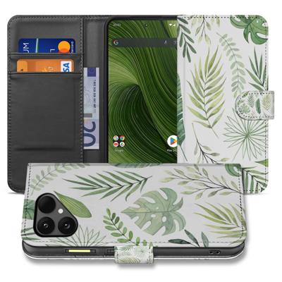 Fairphone 6 | Bookcase | Hoesje met Bladeren Design in Lichtgroen Wit en 3 Pasjes Fairphone 6 | Bookcase | Hoesje met Bladeren Design in Lichtgroen Wit en 3 Pasjes