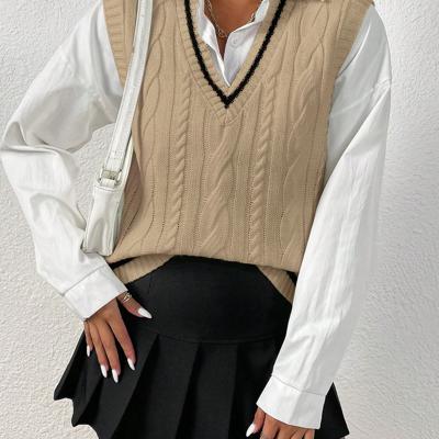 Bon&Bon Cable Knit Sweater Vest - V-Neck Striped Trim Casual Black Top Khaki / M