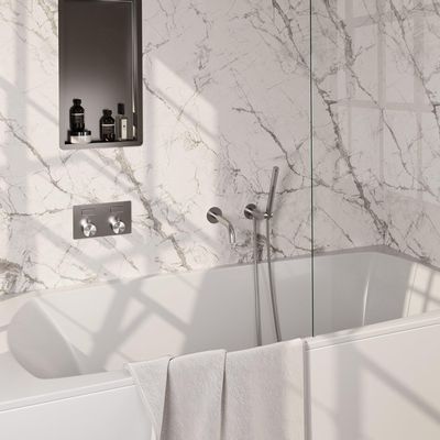 BRAUER Brushed Edition thermostatische inbouw badkraan - drukknoppen SET 03 - uitloop - staaf handdouche - doucheslang - wandaansluitbocht - RVS geborsteld PVD 5-NG-210