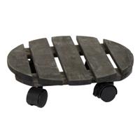 Mega Collections Plantenpot trolley - acacia hout - antraciet - rond - 35 x 35 cm -  max 80 kilo   -