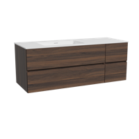 Storke Edge zwevend badmeubel 140 x 52 cm notenhout met Mata asymmetrisch linkse wastafel in solid surface mat wit