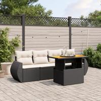 5-delige Loungeset met kussens poly rattan zwart