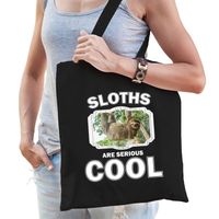 Katoenen tasje sloths are serious cool zwart - luiaarden/ hangende luiaard cadeau tas - Feest Boodschappentassen