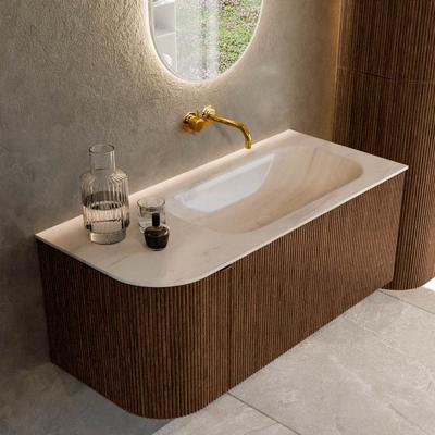Badmeubel Mondiaz Kurve-Dlux | 105 cm | Meubelkleur Walnut | Wastafelkleur Meli | Solid surface | Wasbak rechter zijde spoelbak | Zonder kraangat(en)