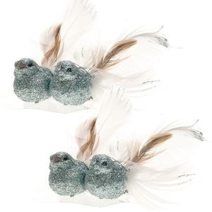 6x stuks decoratie vogels op clip glitter ijsblauw 11 cm