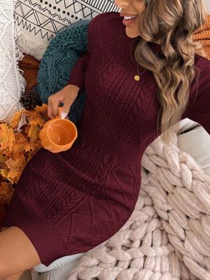 Bon&Bon Maroon Cable-Knit Bodycon Sweater Dress | Slim Fit Mini Dress Maroon / M
