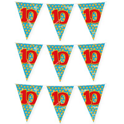 Verjaardag 10 jaar thema vlaggetjes - 3x - feestversiering - 10m - folie - dubbelzijdig