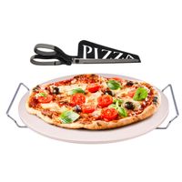 Pizzasteen BBQ/oven rond keramiek 33 cm met handvaten en zwarte pizzaschaar