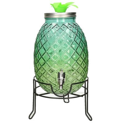 Limonade/drankdispenser ananas op verhoger - blauw/groen - 4,7 liter - glas - H39 x B19 cm