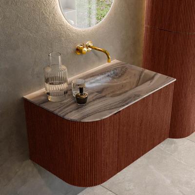 Badmeubel Mondiaz Kurve-Dlux | 75 cm | Meubelkleur Ruby | Wastafelkleur Sombra | Solid surface | Wasbak rechter zijde spoelbak | Zonder kraangat(en)
