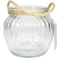 Glazen ronde windlicht Ribbel 2 liter met touw hengsel/handvat 15 x 14,5 cm   - - thumbnail