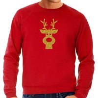 Rendier hoofd Kerst sweater / trui rood voor heren met gouden glitter bedrukking - thumbnail