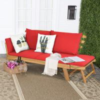 Patio Slaapbank Acacia Houten Dagbed met Verstelbare Armleuning Opvouwbare Chaise Longue met Kussens Buiten Loveseat Rood