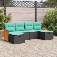 6-delige Loungeset met kussens poly rattan zwart