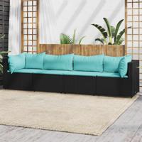 4-delige Loungeset met kussens poly rattan zwart