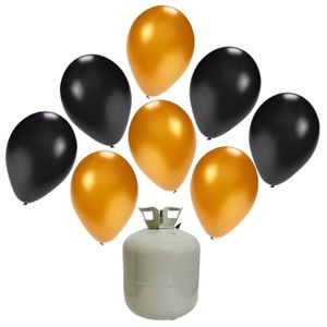 30x Helium ballonnen zwart/goud 27 cm + helium tank/cilinder