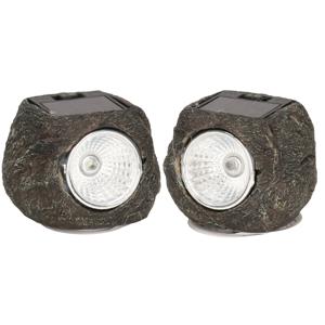 Buiten lamp/spot solar verlichting - 2x - steen vorm - LED - 13 x 9 cm