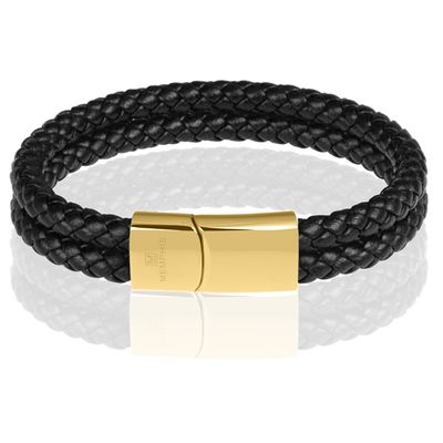 Memphis dubbele leren armband Zwart Goud-19cm
