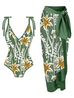 Vacation Floral Printing V Neck One Piece With Cover Up - thumbnail