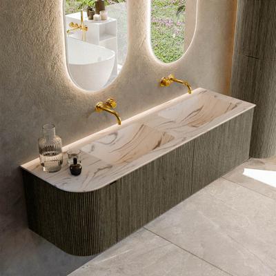 Badmeubel Mondiaz Kurve-Dlux | 155 cm | Meubelkleur Shadow | Wastafelkleur Nata | Solid surface | Dubbel / Rechts spoelbak | Zonder kraangat(en)