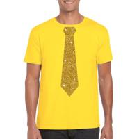 Geel fun verkleedkleding t-shirt - met stropdas - in glitter goud - heren - korte mouwen