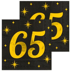 Verjaardag feest servetten - leeftijd 65 jaar - 32x stuks - zwart/goud - sterren - 17 x 19 cm