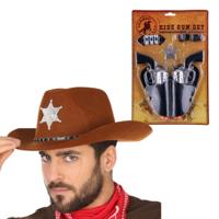 Cowboy verkleed set - hoed bruin - met 2 pistolen in holsters - voor volwassenen