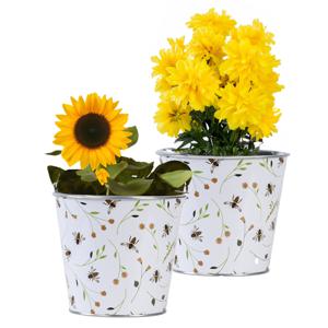 Plantenpot/bloempot emmer voor buiten - 2x - zink - Happy Bee - L15 x D16 X H14 cm