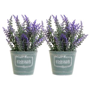 Lavendel bloemen kunstplant in bloempot - 2x - paarse bloemen - 14 x 27 cm