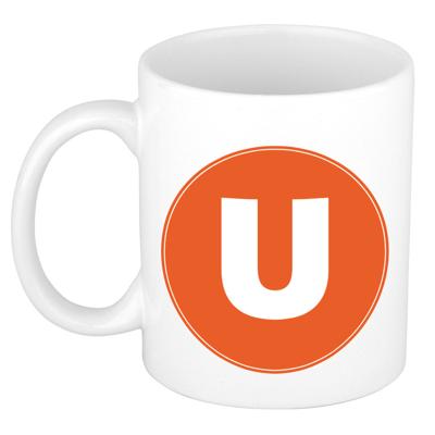 Koffie mok met de letter U - beker - oranje - eerste letter van een voornaam - wit - 300 ml
