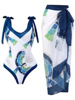 Abstract Printing Vacation V Neck One Piece With Cover Up - thumbnail